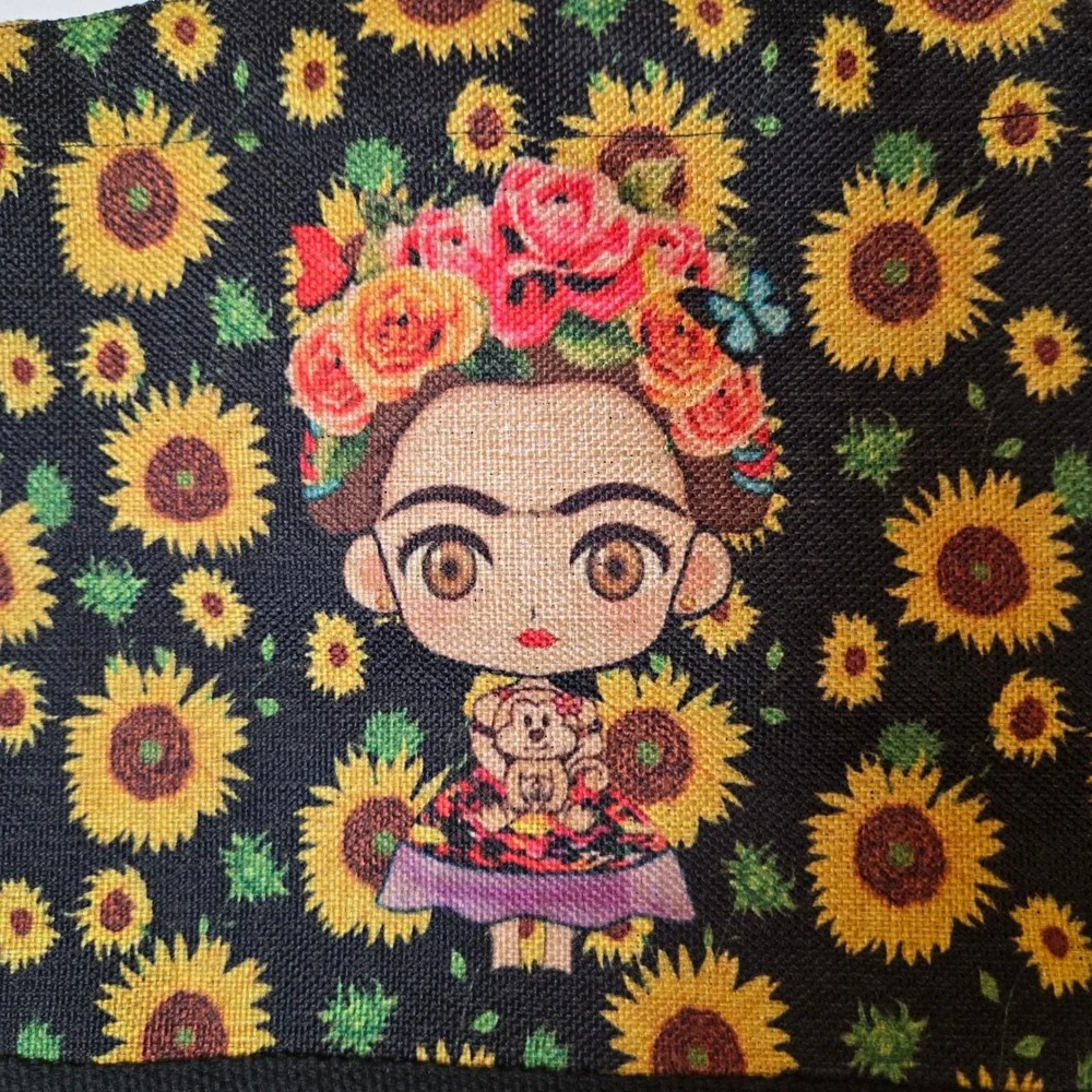 Frida Kahlo Sunflower Tote Bag Black Canvas Cartoon Art Shoulder Bag‎ Folk Style